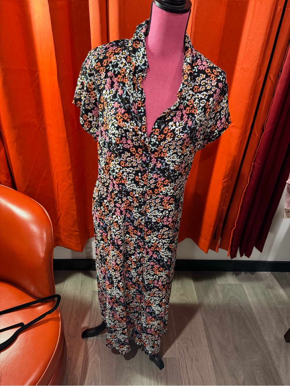 Calvin Klein Jeans Black Maxi Dress with Pink, Orange & White Floral Print